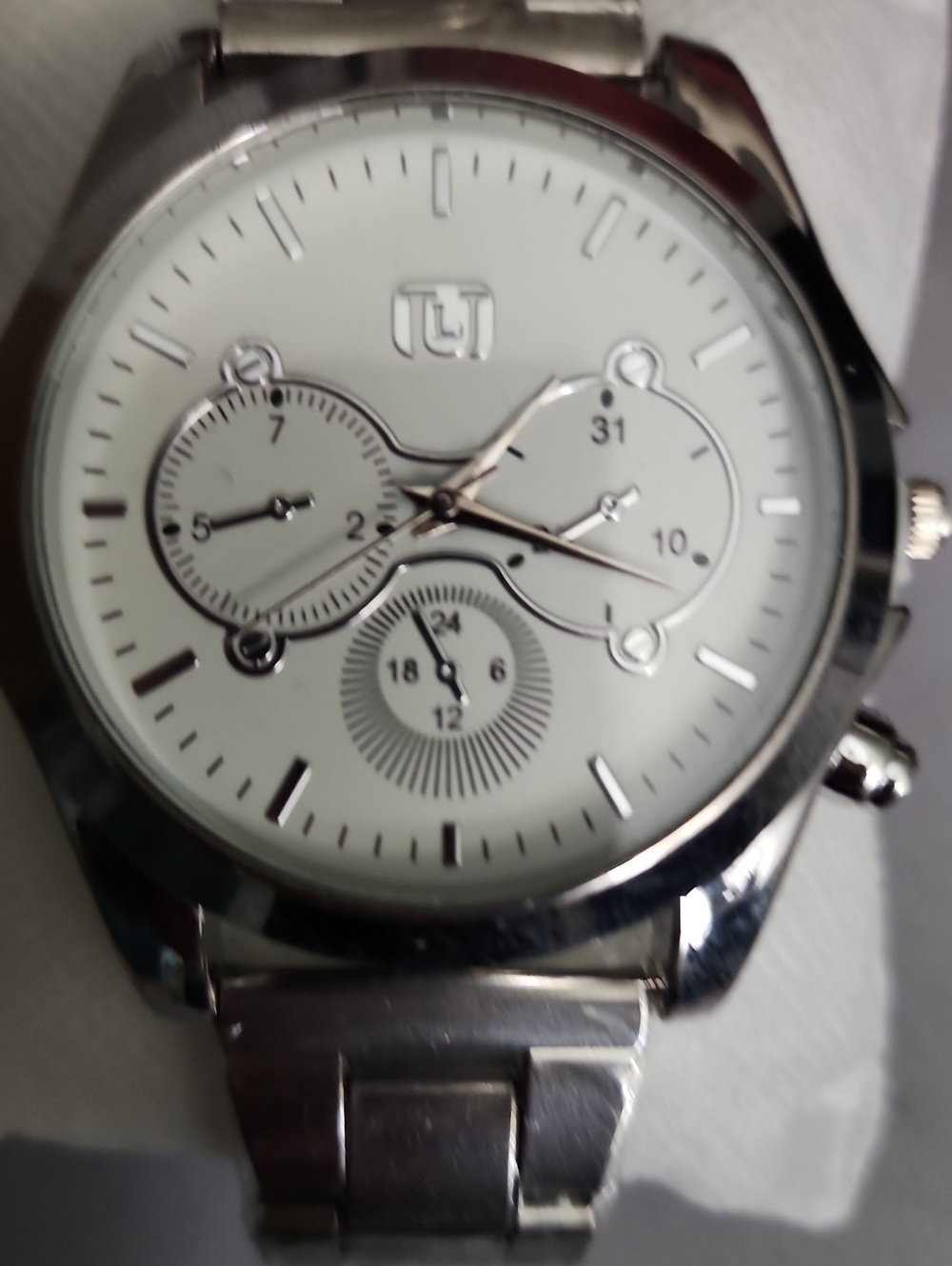 Men's Silver Stainless Steel Chronograph Watch - White Dial